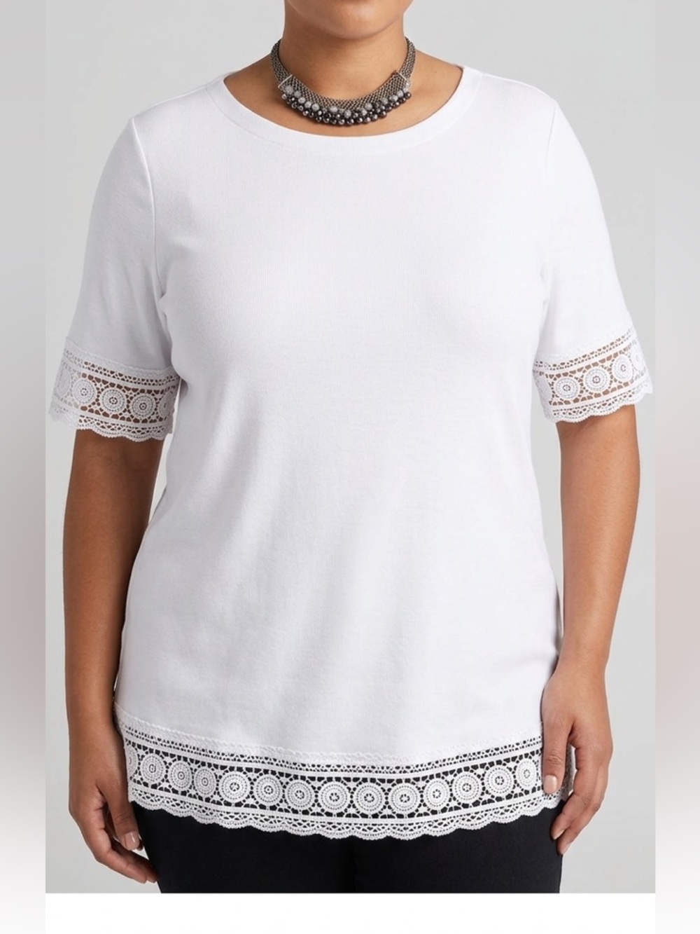 🥰SHOW SPECIAL Classic Editions White Lace Trim Short Sleeve Top XL
